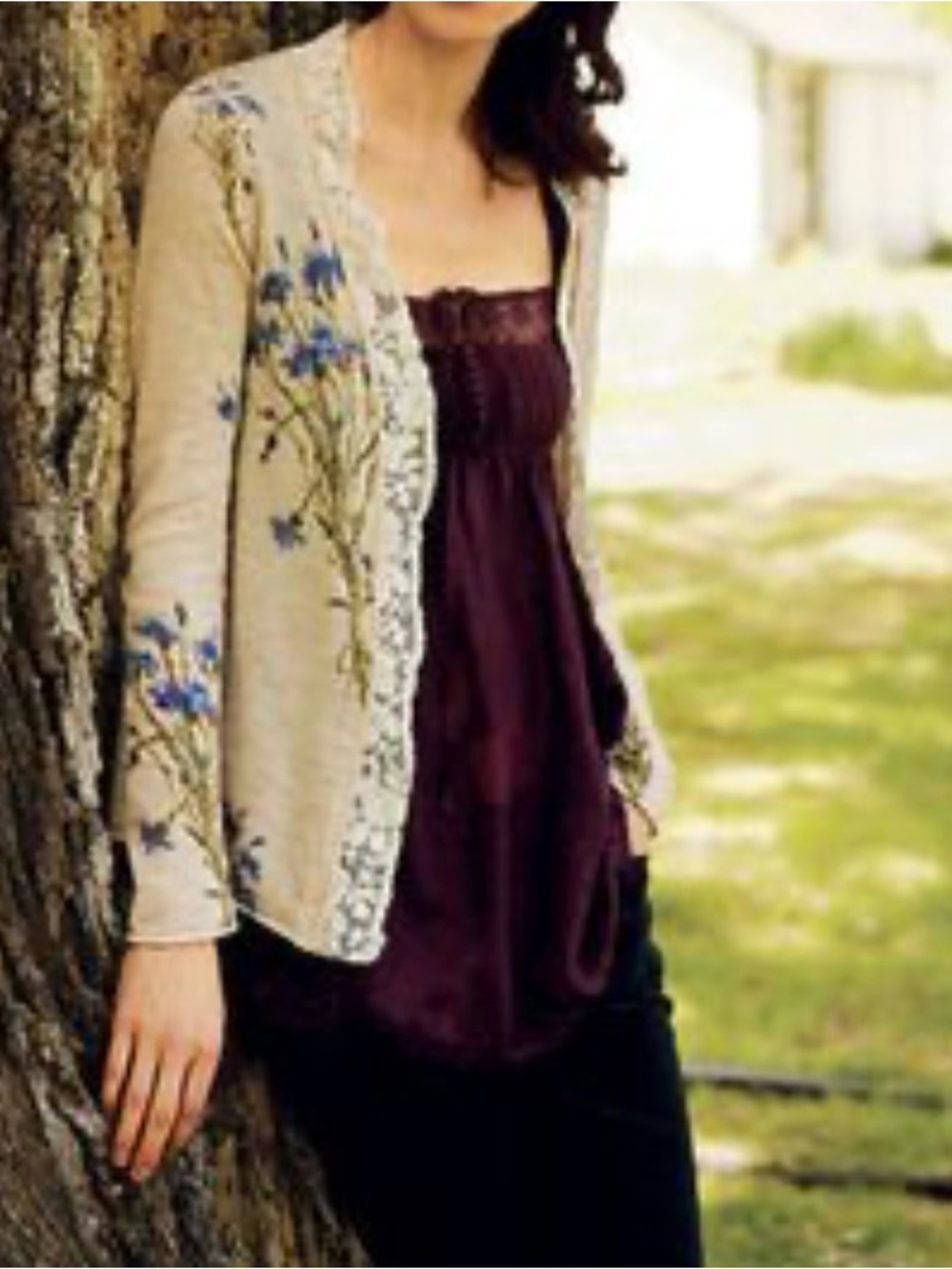Anthro Knitted and Knotted lace trimmed floral cardigan medium